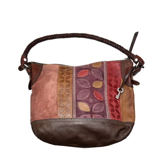 Fossil Handbags - Fossil Brown Leather & Suede Leaf Design Handbag Braided Handle